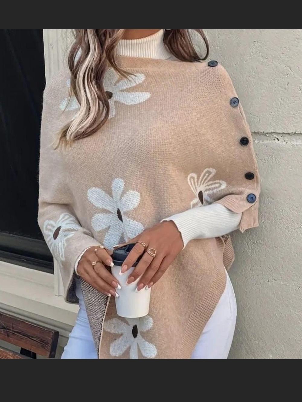 Versatile All Season Beige Floral Button-Shoulder Knit Poncho Sweater